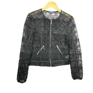 Lace Embroidered Jacket Black Zip Up Moto Style Med